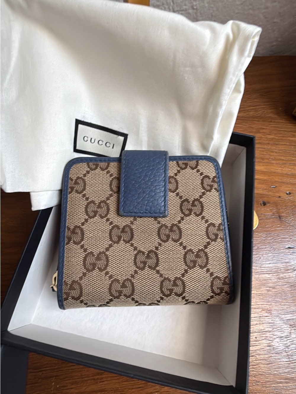 GUCCI Monogram Calfskin Zip Around French Flap Wallet Beige Ebony Caspian